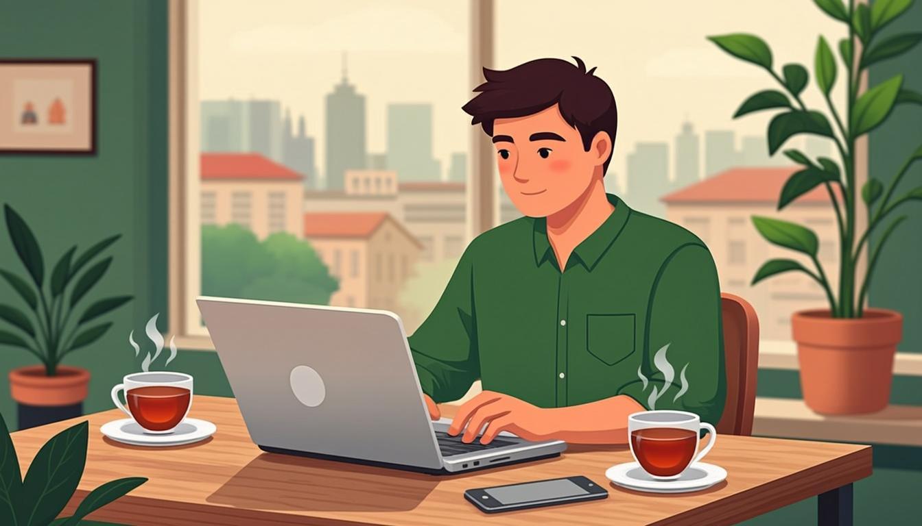 Flat illustration of a freelancer's home office — laptop, notes and a cup of coffee on a simple desk