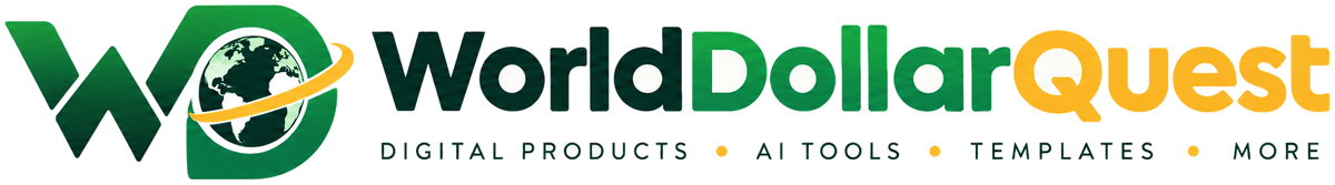 WorldDollarQuest logo — a WD mark with a globe inside the D wrapped by a gold orbit, next to the WorldDollarQuest wordmark and the tagline: Digital products, AI tools, templates and more