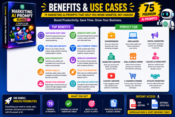 Benefits and use cases of the Marketing AI Prompt Bundle showing how marketers, freelancers, entrepreneurs, agencies and business owners can save time, generate content faster, improve campaigns, increase leads and grow their business using ChatGPT prompts.