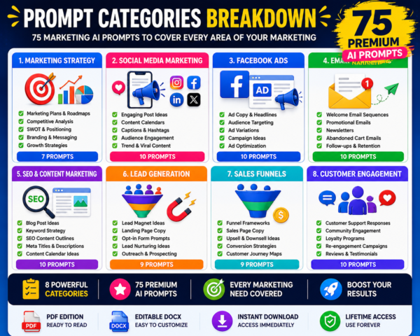 Marketing AI Prompt Bundle categories breakdown showing 75 ChatGPT prompts covering marketing strategy, social media marketing, Facebook ads, email marketing, SEO content marketing, lead generation, sales funnels and customer engagement.