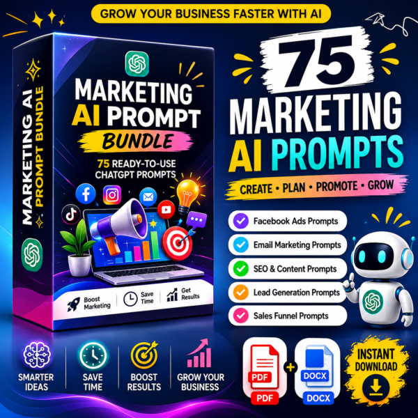 Marketing AI Prompt Bundle featuring 75 ready-to-use ChatGPT prompts for marketing strategy, social media marketing, Facebook ads, email marketing, SEO content, lead generation and sales funnels.
