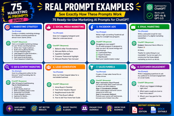 Real prompt examples from the Marketing AI Prompt Bundle showing ChatGPT prompts and responses for marketing strategy, social media marketing, Facebook ads, email marketing, SEO content, lead generation, sales funnels, and customer engagement.