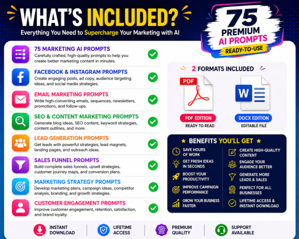 What's Included in the Marketing AI Prompt Bundle featuring 75 ChatGPT prompts for marketing strategy, social media marketing, Facebook ads, email marketing, SEO, lead generation and sales funnels.