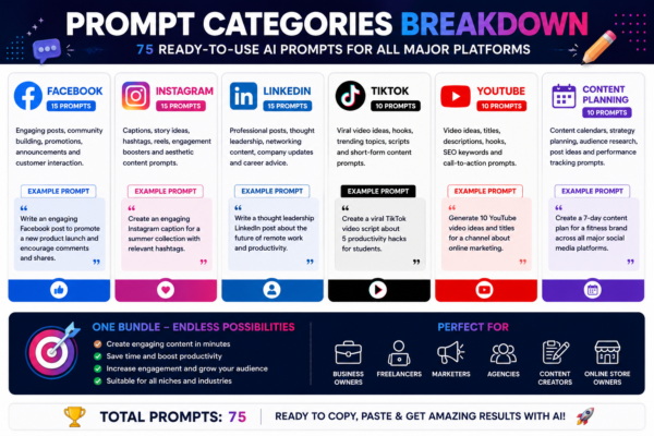 Prompt Categories Breakdown image showing 75 AI prompts for Facebook, Instagram, LinkedIn, TikTok, YouTube and content planning with sample prompts and platform-specific categories.