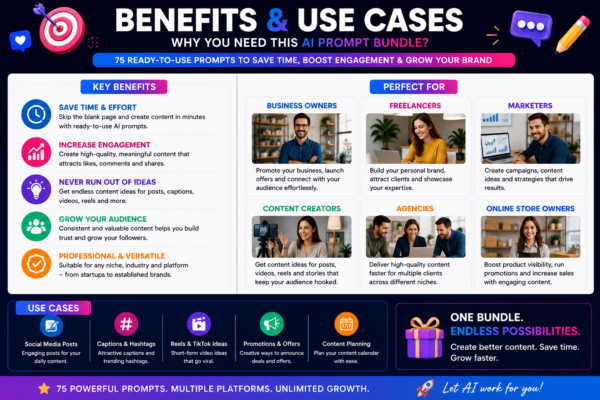 Benefits and use cases of the Social Media AI Prompt Bundle for business owners, freelancers, marketers, content creators, agencies and online store owners.