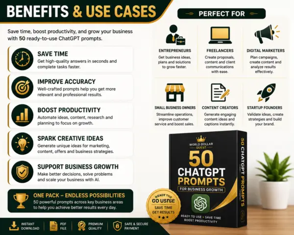 Benefits and use cases of 50 ChatGPT Prompts for Business Growth including content creation, marketing, sales, customer support and business planning.