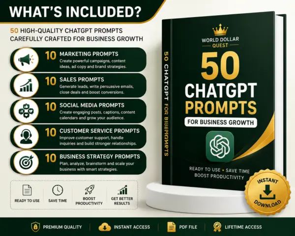 What's Included in the 50 ChatGPT Prompts for Business Growth bundle featuring marketing, sales, social media, customer service and business strategy prompts.