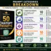 Prompt categories breakdown for 50 ChatGPT Prompts for Business Growth showing marketing, sales, social media, customer service and business strategy prompt categories.