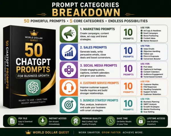 Prompt categories breakdown for 50 ChatGPT Prompts for Business Growth showing marketing, sales, social media, customer service and business strategy prompt categories.
