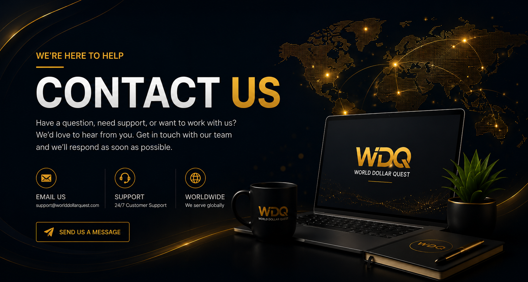 World Dollar Quest Contact Us Hero Banner featuring global support, secure communication, and premium digital services.