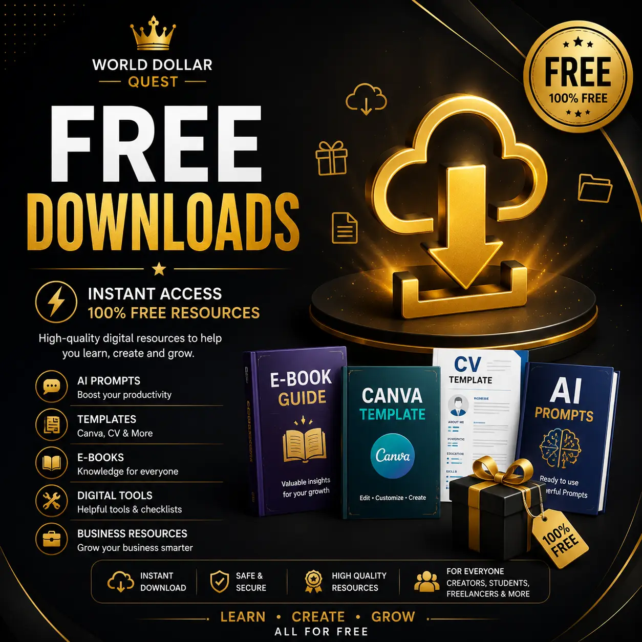 Free digital downloads including templates, AI prompts, ebooks and resources for creators, freelancers and entrepreneurs.