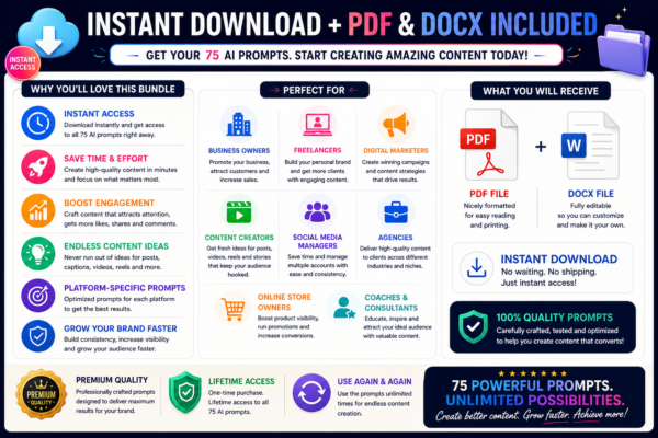 Instant download Social Media AI Prompt Bundle including PDF and DOCX files with 75 ready-to-use AI prompts for content creation and social media marketing.