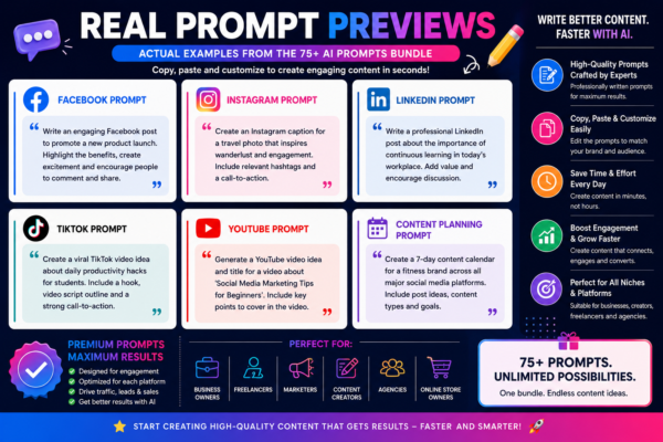 Real AI prompt examples from the Social Media AI Prompt Bundle showing Facebook, Instagram, LinkedIn, TikTok and YouTube content creation prompts.