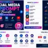 Social Media AI Prompt Bundle gallery image showing 75 AI prompts, included platforms, benefits, how it works, and downloadable PDF and DOCX files.