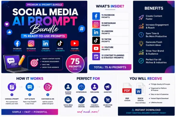 Social Media AI Prompt Bundle gallery image showing 75 AI prompts, included platforms, benefits, how it works, and downloadable PDF and DOCX files.
